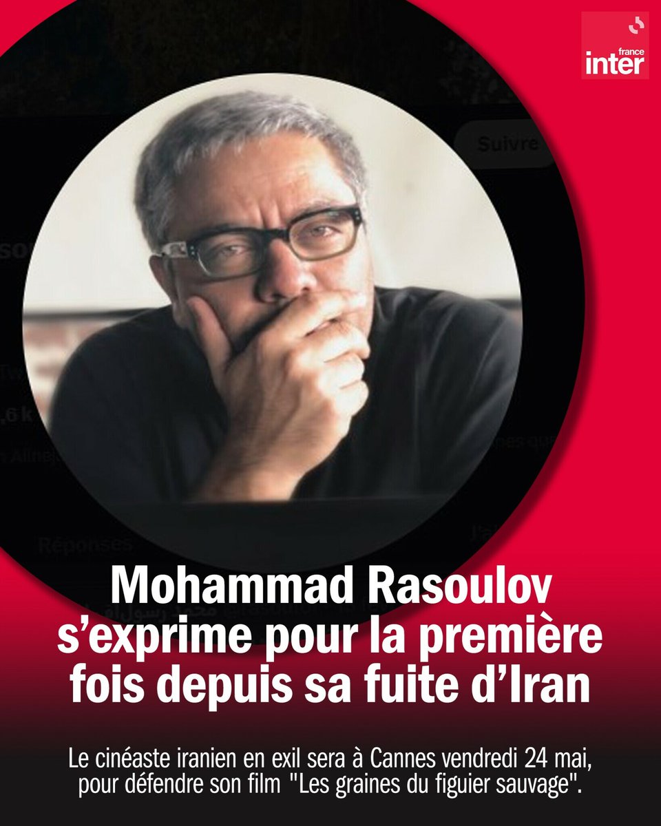 'Extrêmement éprouvant, douloureux, dangereux.' Mohammad Rasoulof raconte sa fuite d'Iran. ➡️ l.franceinter.fr/PNG Le réalisateur en exil @rasoulof est en Allemagne ; il nous a accordé cet entretien depuis un lieu tenu secret. #Cannes2024 #Iran #Le1820Inter @FabSintes