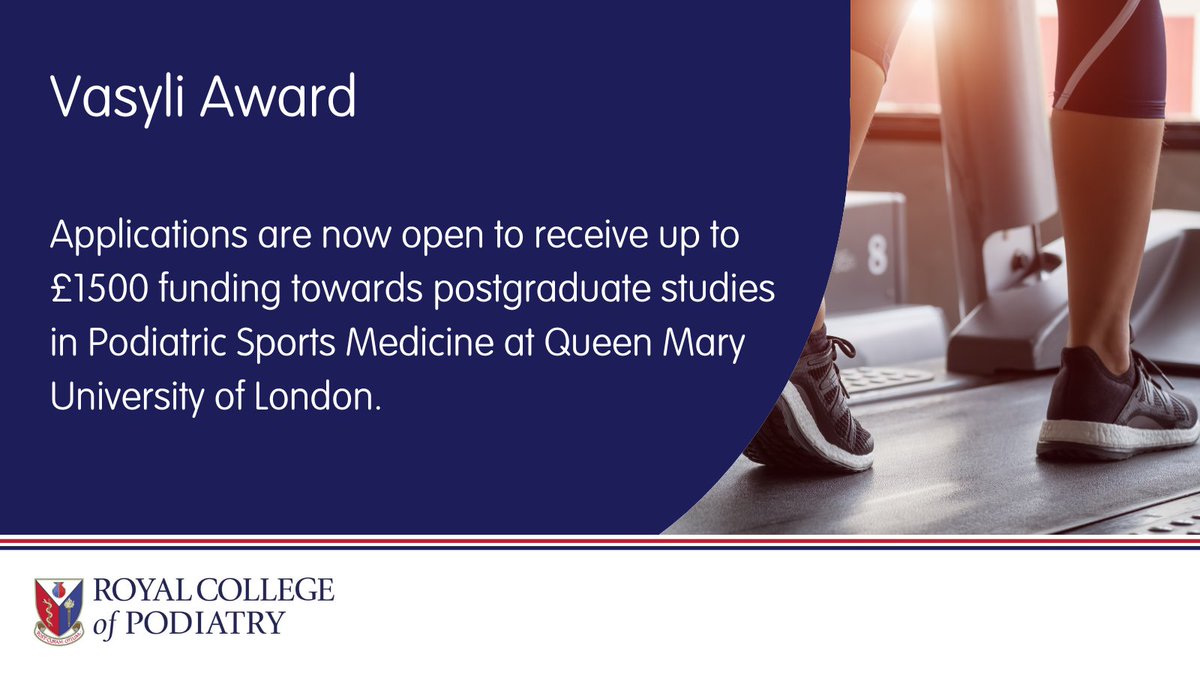 Applications are now being accepted for the Vasyli Award. Dedicated to the late Philip Vasyli, this award helps provide funding in postgraduate studies on Podiatric Sports Medicine. Applications close 30 June. Find out more at rcpod.org.uk/membership/awa…