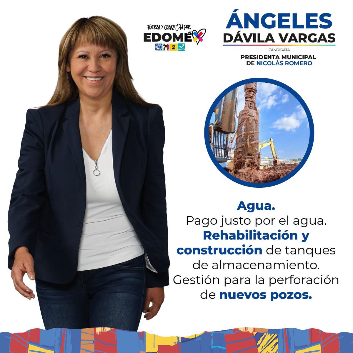 No nos vamos a quedar de brazos cruzados ante la necesidad tan grande que tiene #NicolásRomero en cuanto a abastecimiento de agua; vamos a rehabilitar y construir tanques de almacenamiento, además de gestionar la perforación de nuevos pozos

Este 2 de junio¡Vota Ángeles Dávila!