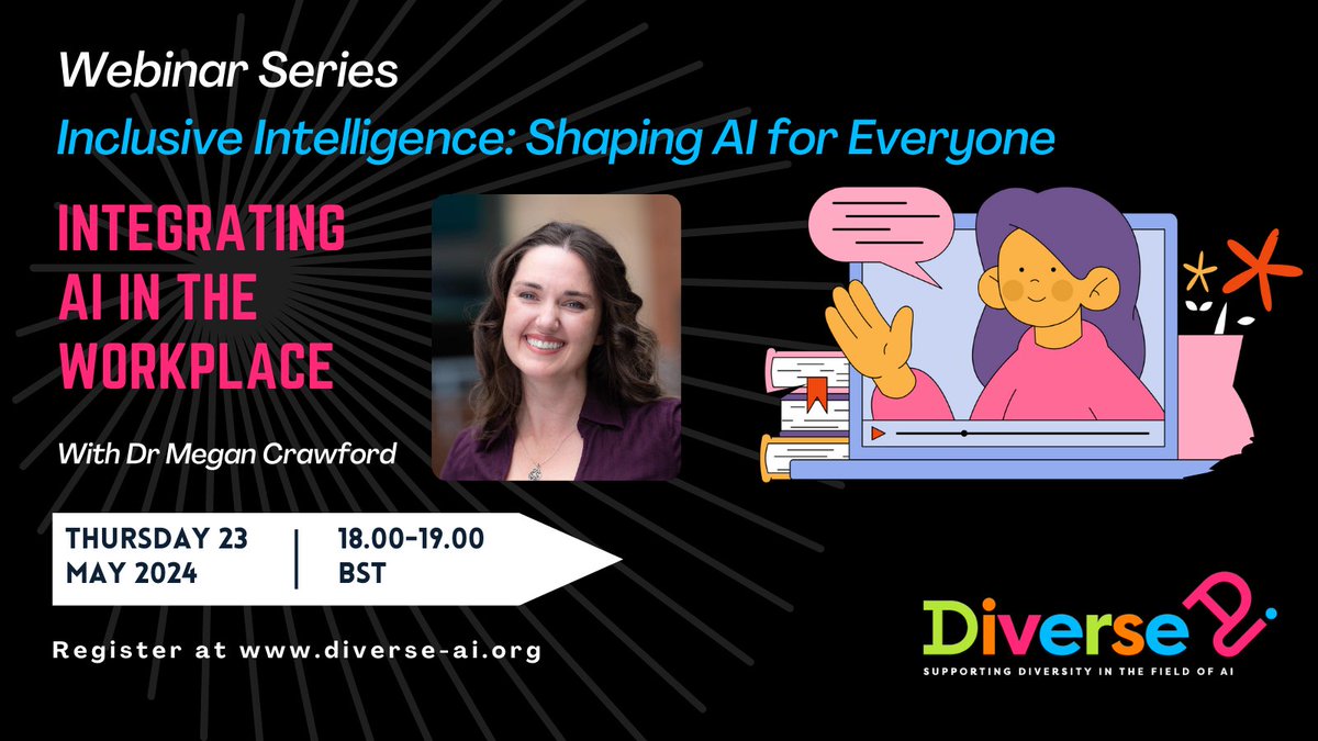 📢 LAST CHANCE TO REGISTER 📢 🚨 Webinar Integrating AI in the Workplace with Dr Megan Crawford is TOMORROW! Thur 23 May at 18.00-19.00 BST. Free to attend but please do register at diverse-ai.org/events/webinar… #ai #artificialintelligence #webinar #education #virtualevent #business