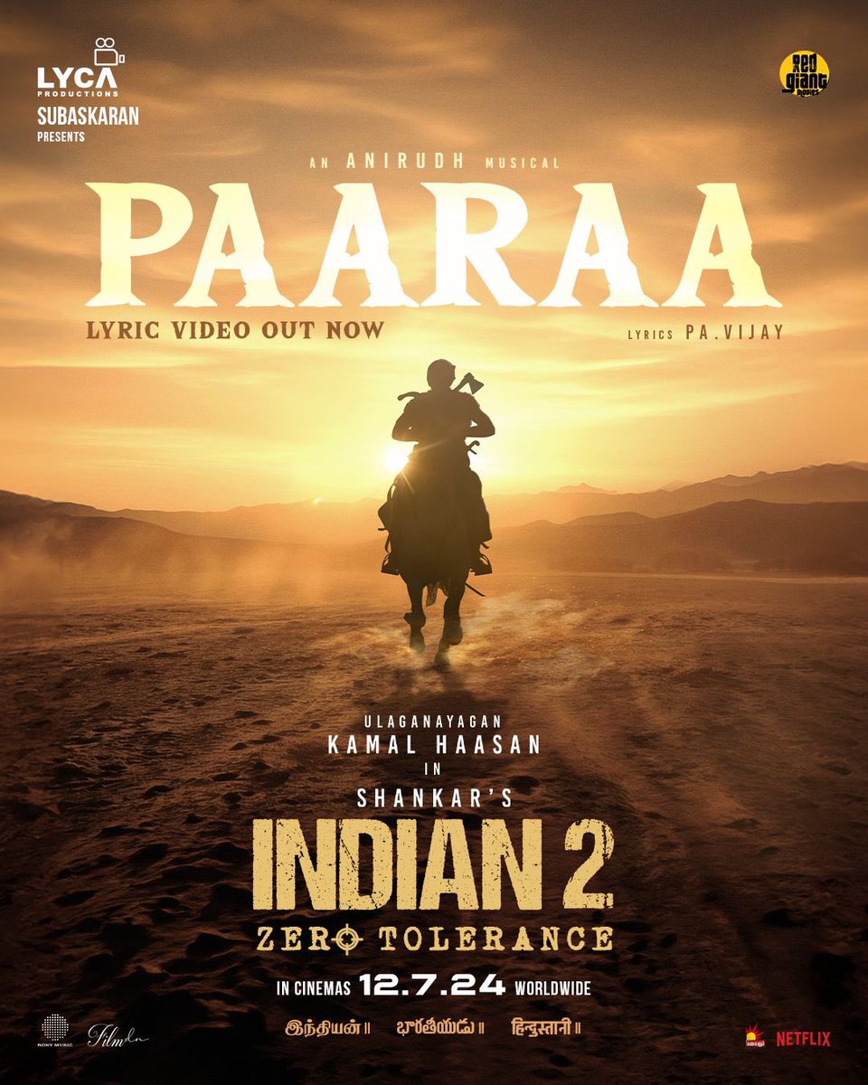 *Instagram Tamil* The warrior has arrived! 🔥 1st single #PAARAA from INDIAN-2 is OUT NOW! 🤩🥁 Echoing the fearless spirit and the power of an Indian. 🇮🇳💪 ▶️ Link in Story Rockstar @anirudhofficial musical 🎹 Lyrics @pavijaypoet ✍🏻 Vocals @anirudhofficial