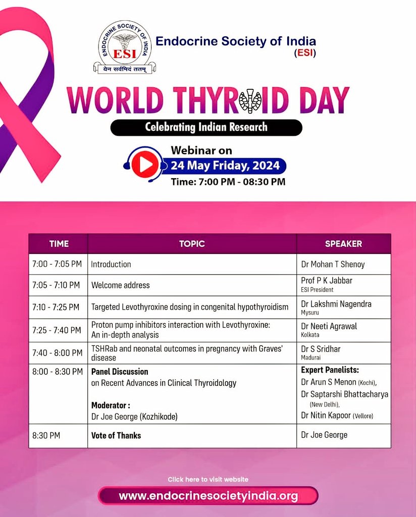 IndiaESI's tweet photo. Requesting #endotwitter  
to please join us Friday 24.05.2024 - from 19:00 hrs to 20:30hrs  🇮🇳

#academics #thyroid #hormones #healthcare #medical #endocrinology  🏥 🙏

The webinar link shall be shared soon. Please visit our website for more details 🔗

🌐https://t.co/bP3EvfpFqF https://t.co/Ulf4cGtYdN