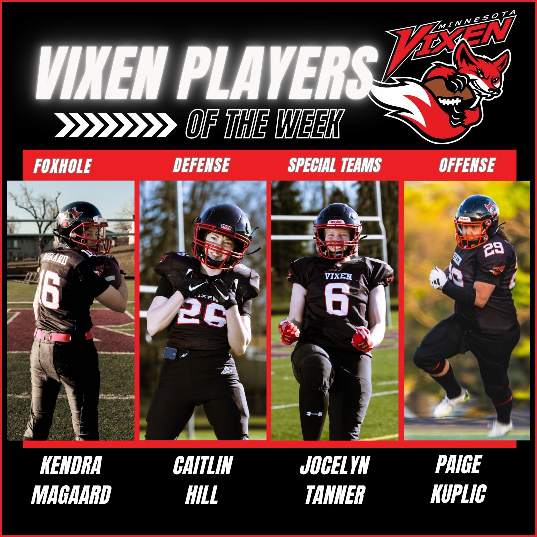 📷Players of the Week📷 Congrats to the Vixen Players of the Week in our win over Iowa! Special Teams: Jocelyn Tanner Offense: Paige Kuplic Defense: Caitlin Hill Foxhole players: Kendra Magaard #FearTheFox #PlayersOfTheWeek #playersofthegame #RoadtoCanton #Football #FooballLife