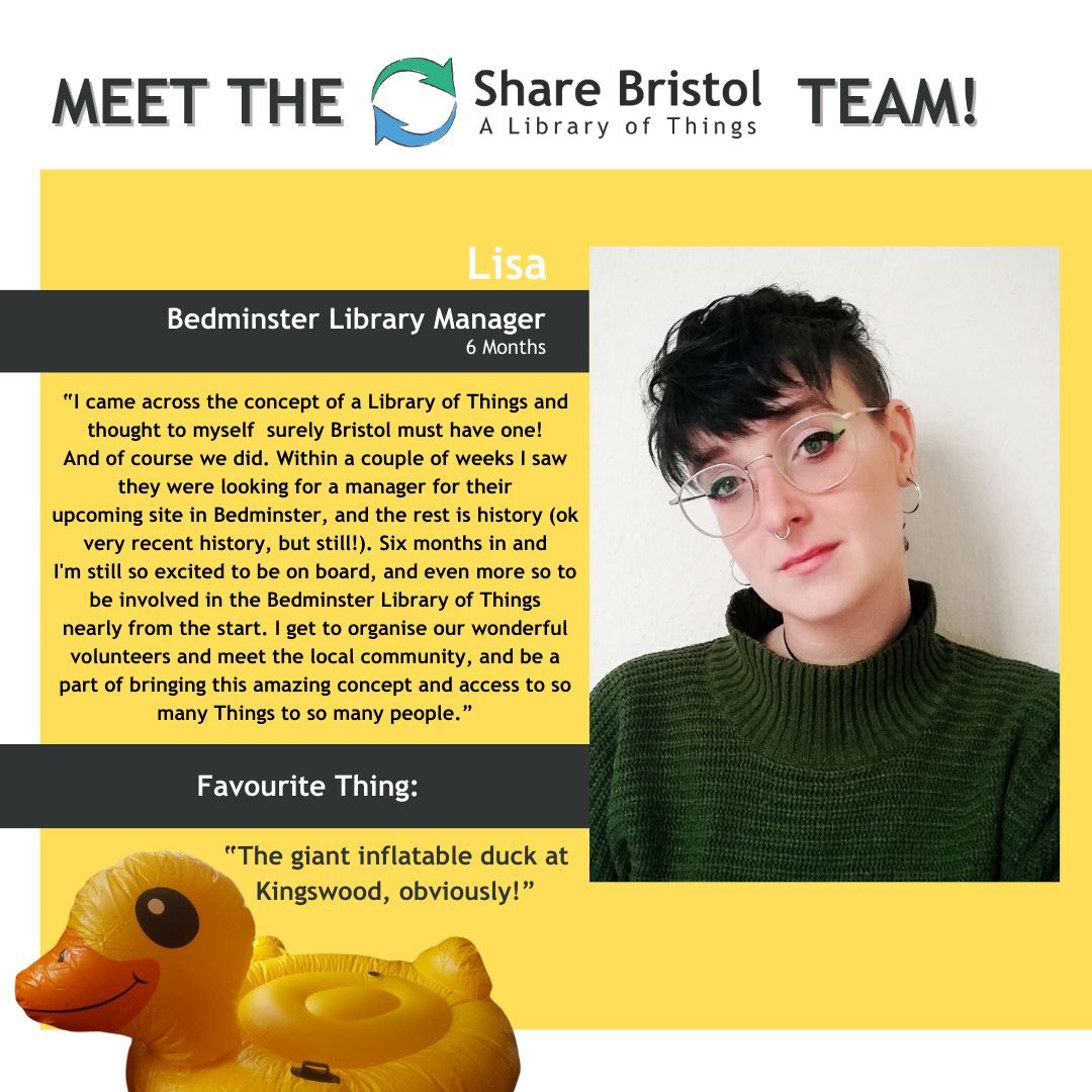 Introducing the Faces of Share Bristol! 👋 

Meet the fantastic team that tirelessly keeps our library of things accessible and running. 
🌟 Today is Lisa! One of Our Bedminster Library Manager 🌟

#ShareBristol #MeetTheTeam #LibraryOfThings #BorrowDontBuy #ShareBristolTeam