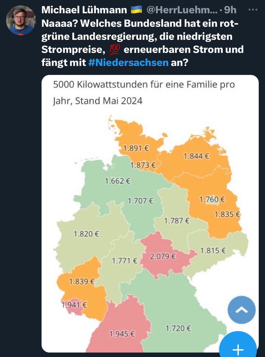 Naaaa? Welches Bundesland wird ohne rot und grün regiert, liegt neben dem Bundesland mit einem grünen Ministerpräsidenten (rot dargestellt), hat mit die niedrigsten Strompreise, ist führend in Sachen EE und fängt mit #Bayern an?