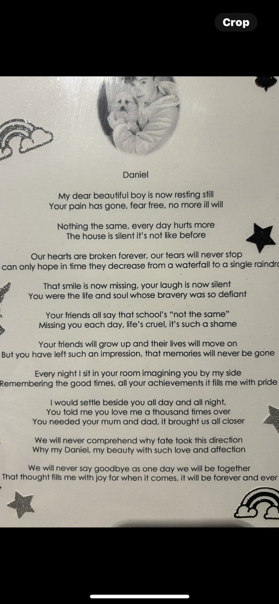 Shortly after when Daniel passed I wanted to express in a poem how life had become without seeing him every day,
I look at this every day when I wake up and the phrase “Nothing is the same every day hurts more the house is silent it’s not like before” encapsulates it all.