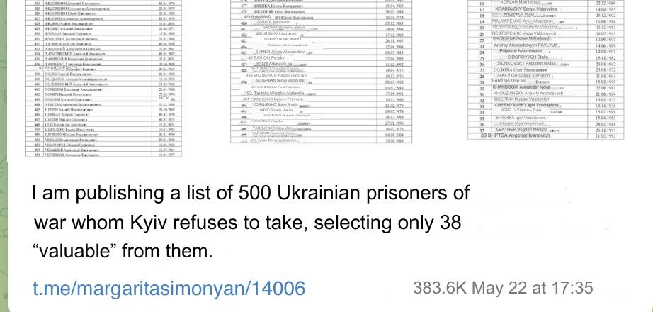 Russian top propagandist Margarita Simonyan published 'a list of 500 🇺🇦POWs' who 🇷🇺'would like to exchange, but 🇺🇦 does not want to accept them'. This is not the first time when Simonyan lies on 🇺🇦 POWs. Recently, she claimed, 🇺🇦 shot down a plane with own POWs. It was a lie too.