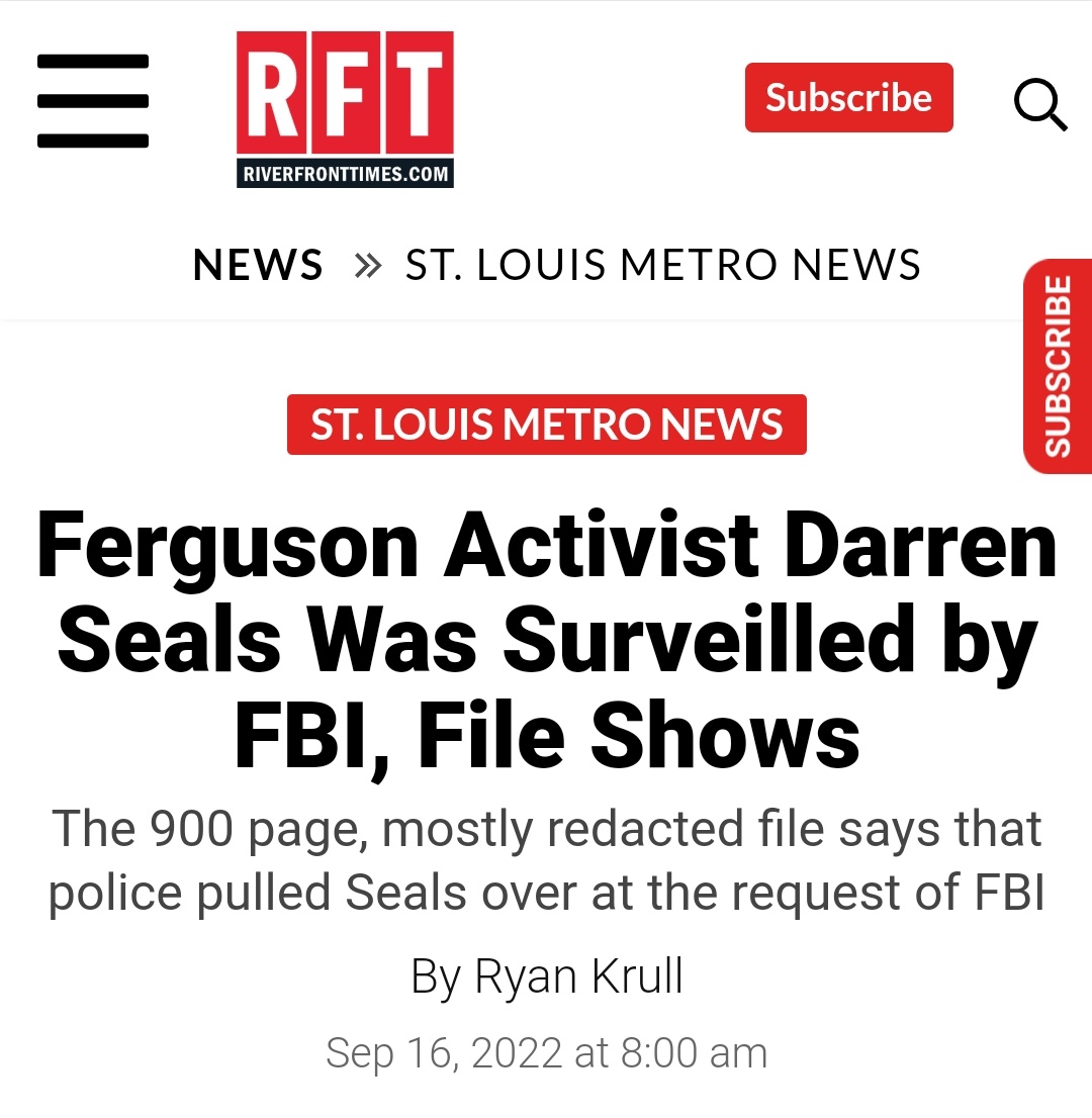 Periodic reminder that local news matters. RFT was one of the only publications still reporting on Darren Seals' murder, and found that the FBI had generated over 900 pages surveilling him.