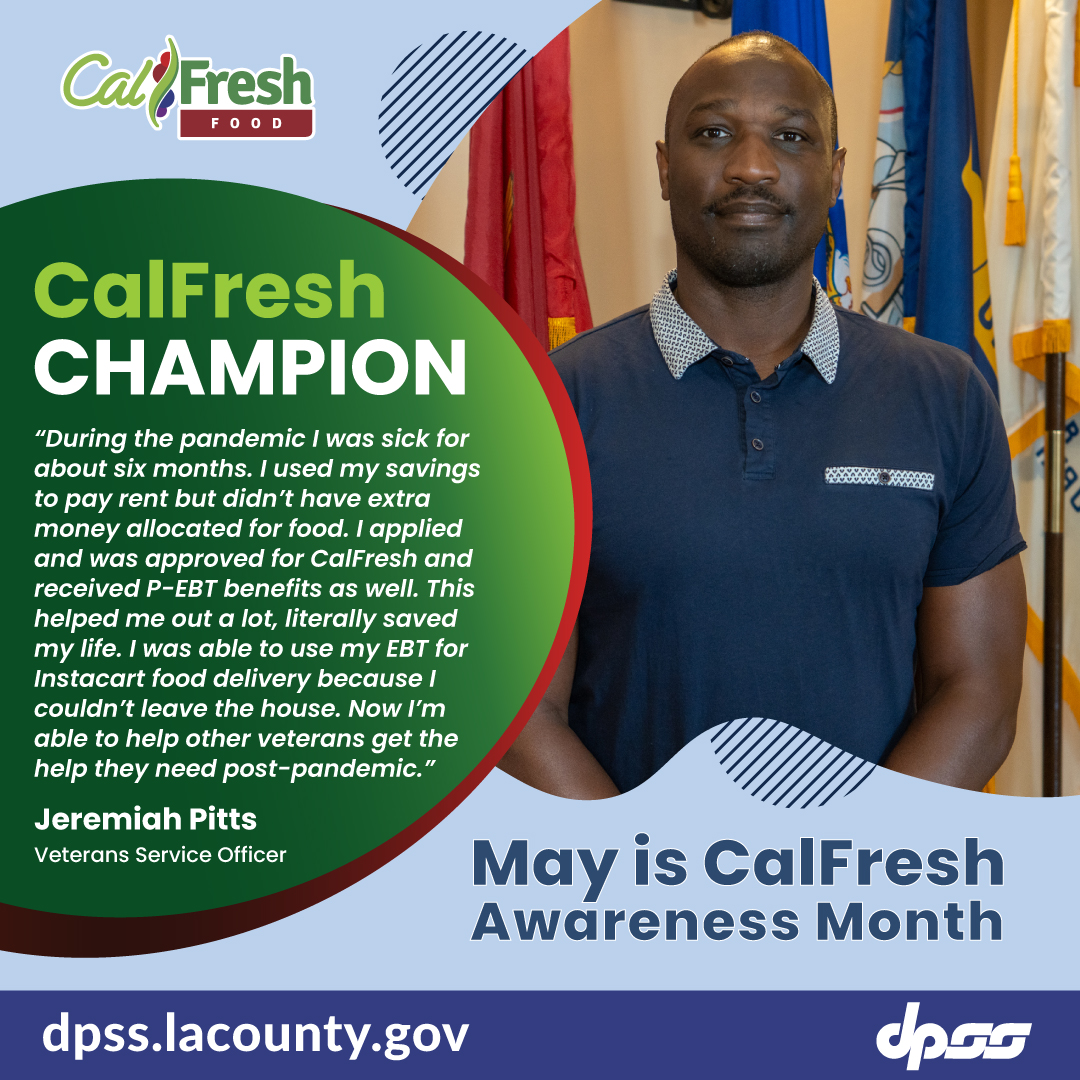 As DPSS honors our #CalFreshChampions, let’s thank our Veterans Service Officers at @LACMVA for connecting veterans to food assistance. Veteran resources available: dpss.lacounty.gov/en/community/v…

#EatBetterLiveBetter with #CalFresh. Apply today: benefitscal.com. 🍅🥬

#CFAM2024