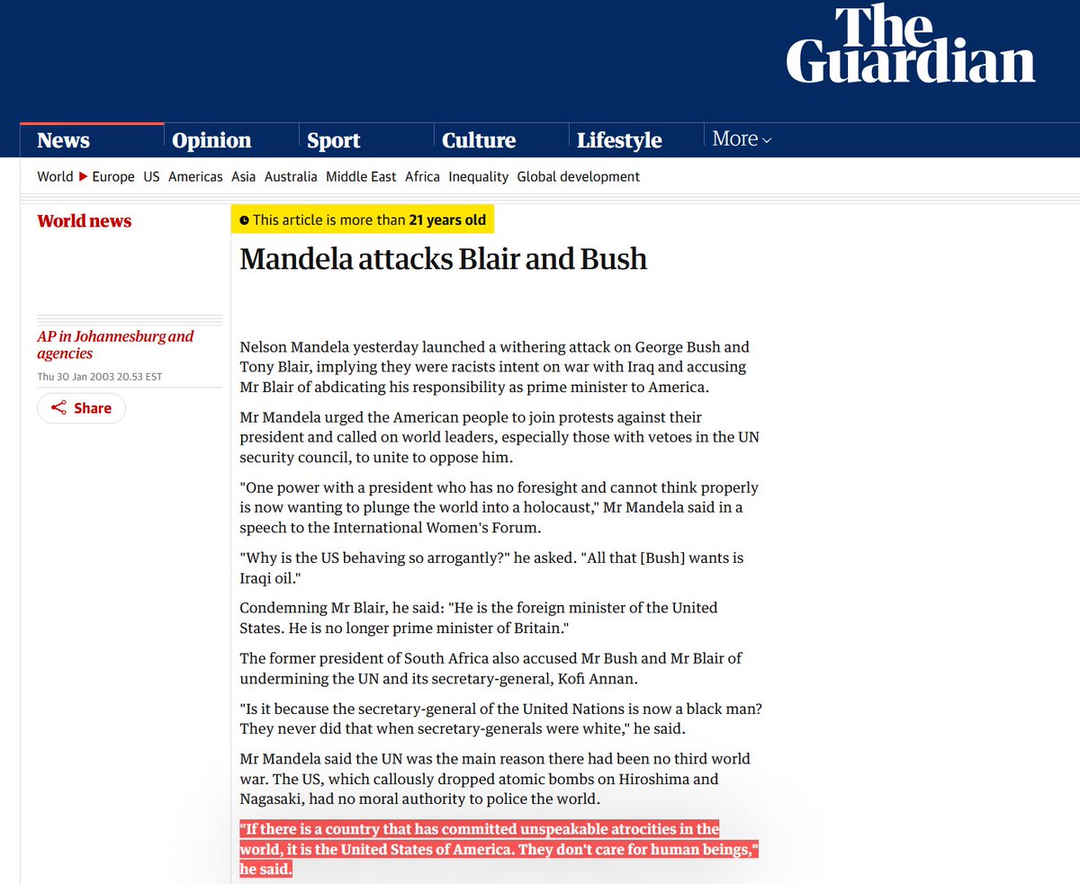 'If there is a country that has committed unspeakable atrocities in the world, it is the United States of America. They don't care for human beings'. -Nelson Mandela, 2003 theguardian.com/world/2003/jan…