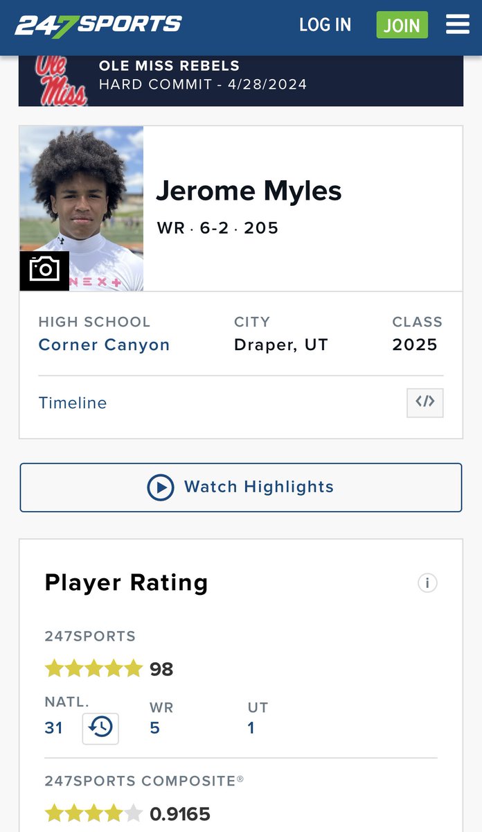 Ole Miss WR commit Jerome Myles has earned his 5th ⭐️ on 247 Sports 👀 

#WRU