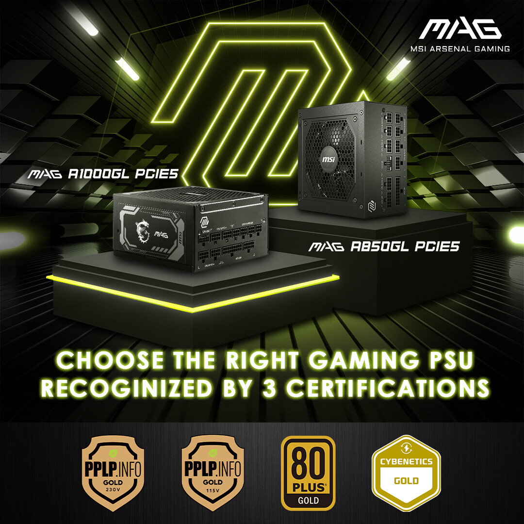 MSI is dedicated to the safety and stability of your PC! 🙌 Our MAG A1000GL PCIE5 and MAG A850GL PCIE5 have earned three certifications from the new cutting-edge PSU Performance Level Plans (PPLP), 80 PLUS, and Cybenetics, ensuring a dependable power supply! #MSI #MSIGaming