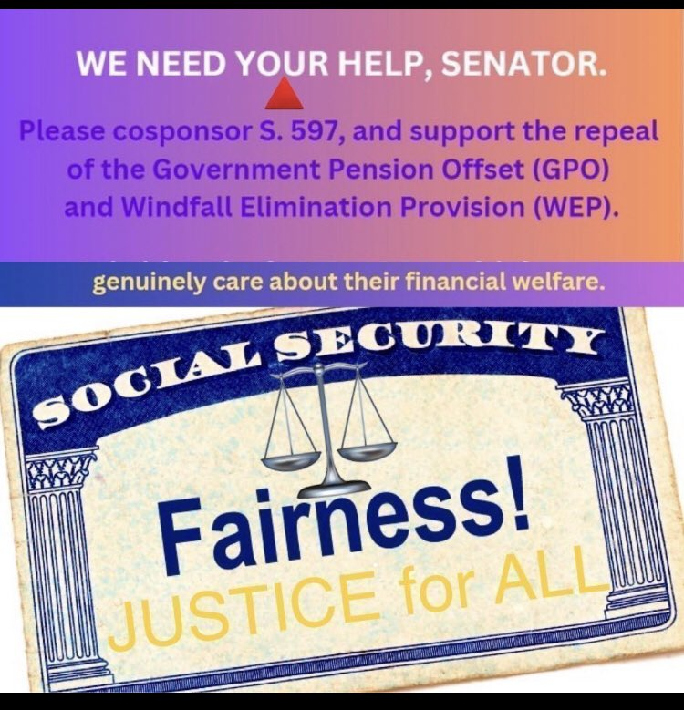 @SenDanSullivan Please cosponsor S.597 to repeal the evil twins WEP & GPO. This is lawful robbery of our earned SS benefits. S.597 currently has 54 cosponsors. Please join them and let's get this done in 2024! #EliminateWEPGPO_NOW
#GPOWEPMustGo_NOW