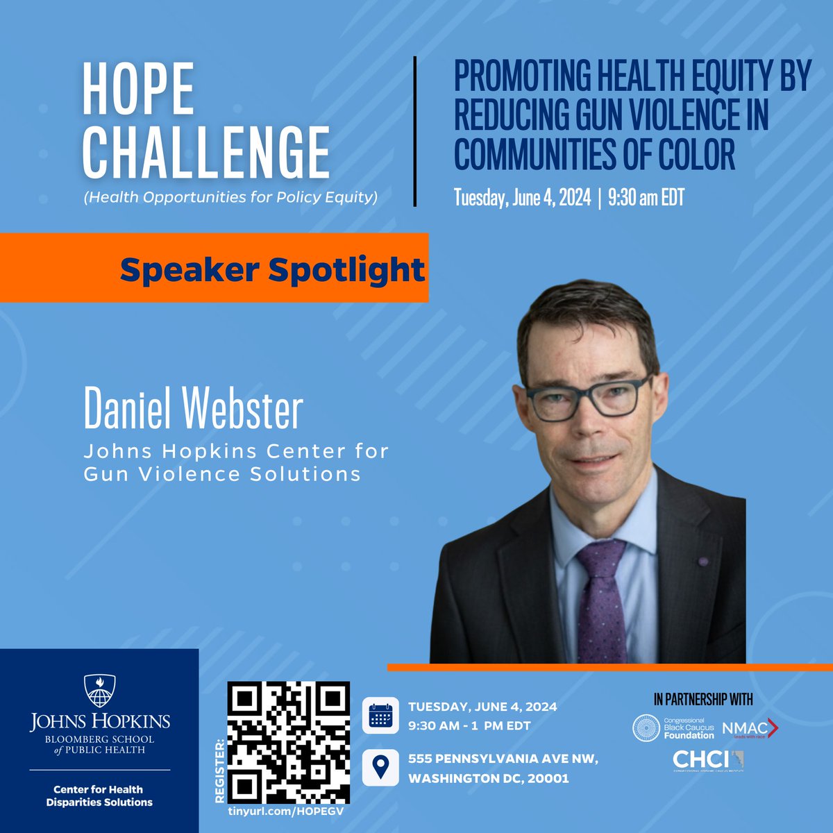 Join us for @HopkinsCHDS's HOPE Challenge Summit: Promoting Health Equity by Reducing Gun Violence on Tuesday, June 4! Our @DanielWWebster1 will be on a panel about America's urban gun crisis & unpacking the causes, disparities, and policies. Register: eventbrite.com/e/hope-challen…