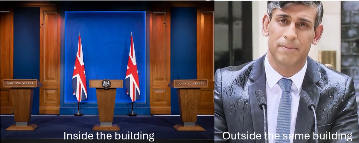 MostynField's tweet image. The Tories built a £2.6M room in number 9 Downing Street. Anyone planning even a minor event might have a plan B, hence the expression "will be held in village hall if wet". He stood there saying he had a plan 🧐