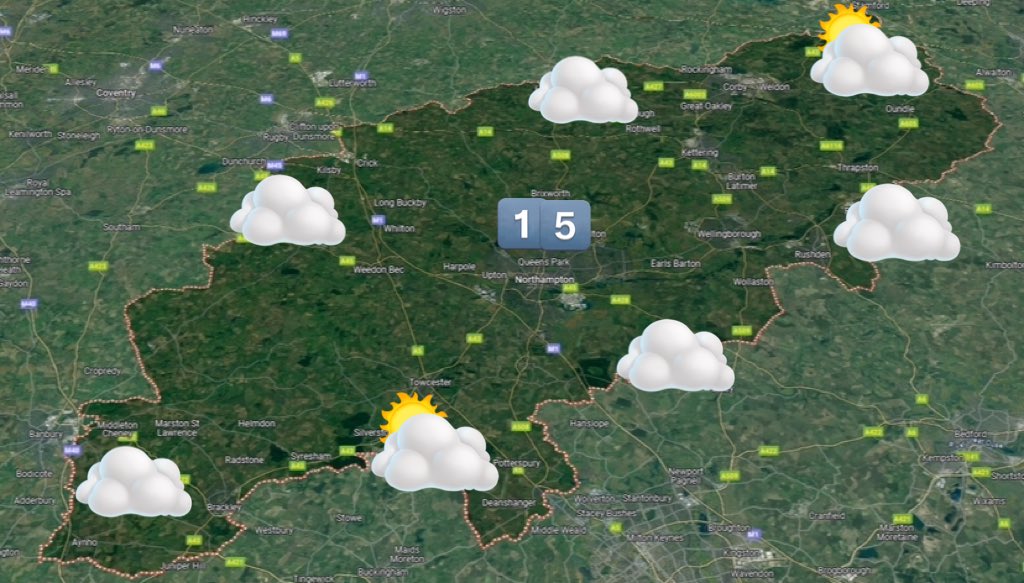 Good evening Northants. Showers die away overnight. 10°C. A mostly dry and mainly cloudy Thursday in the county with a westerly breeze. 15°C. Mainly dry again on Friday with cloud and some brighter spells. 16°C. Dry on Saturday with some warm sunny spells. 19°C.