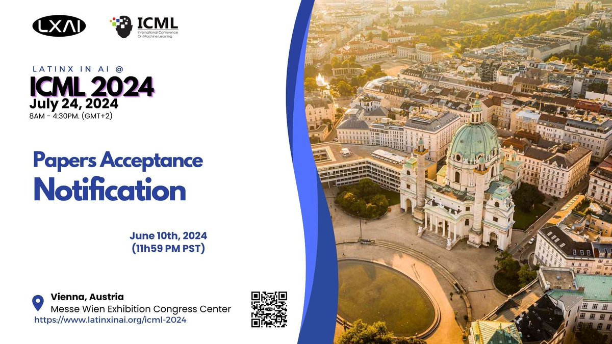 📢 Paper acceptance day is June 10th! Thanks to all who submitted. 🙌 Get ready for the Latinx in AI workshop at #ICML2024! #LatinxInAI #AICommunity