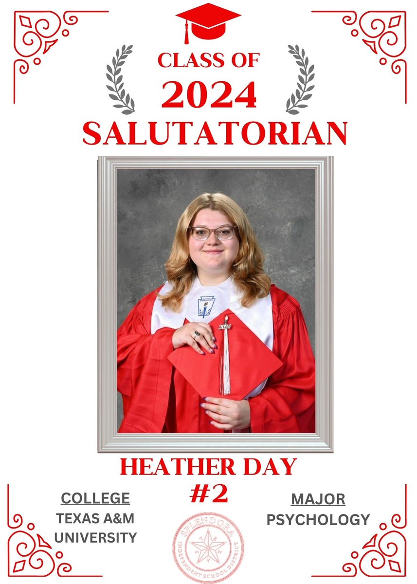We congratulate each student in the top 10 percent of the Class of 2024 and are very proud of their academic accomplishments. Congratulations to Heather Day, the Class of 2024 Salutatorian!