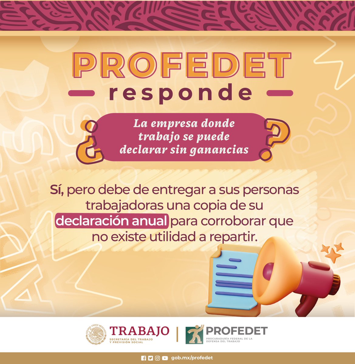 📣#PROFEDETResponde a tus preguntas frecuentes sobre Reparto de Utilidades. 🚨¿Sabes si tu empresa debe de dar Utilidades? 🔎Si tienes dudas acércate a #PROFEDET 📞8007172942 y 8009117877. 📱WA: 5514848737. 🕒Lun-vie, 8:30 a 18:00 horas.