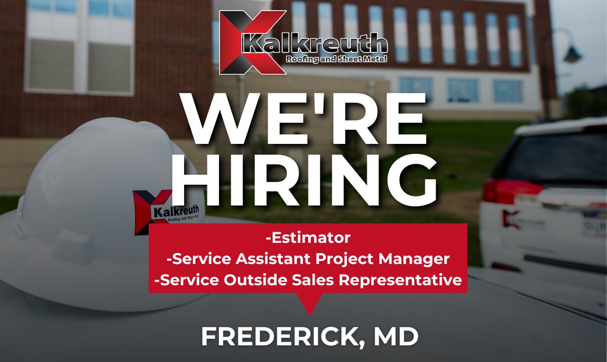 Advance your career at #Kalkreuth Roofing and Sheet Metal! 🙌🏻
We're seeking an #Estimator, Service Assistant Project Manager, and Service Outside Sales Rep in #FrederickMD. 🛠️

Join our dedicated team by applying at ➡️ krsm.net.