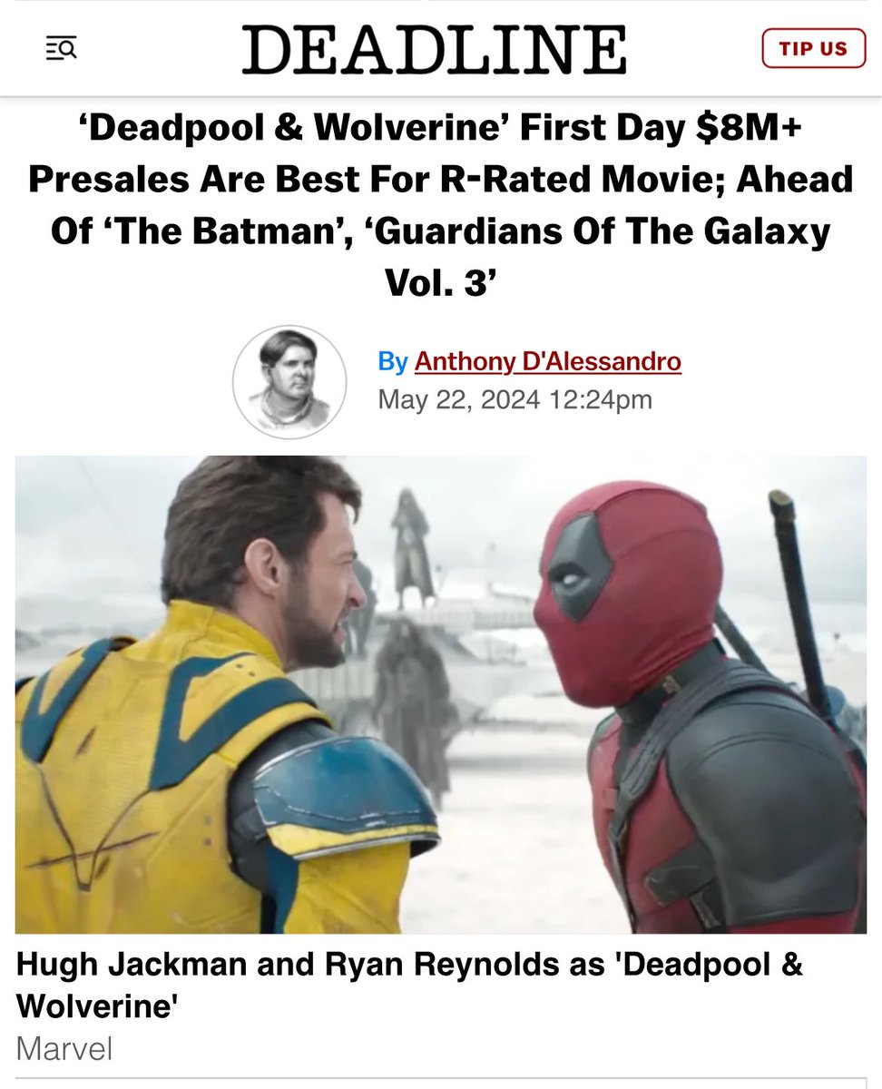 ‘Deadpool & Wolverine’ First Day $8M+ Presales Are Best For R-Rated Movie; Ahead Of ‘The Batman’, ‘Guardians Of The Galaxy Vol. 3’ After all, Deadpool is the god of R-rated movies. #deadpool3 #deadpoolandwolverine #deadpool #deadpoolfan #wolverine #wolverinefans #loganwolverine