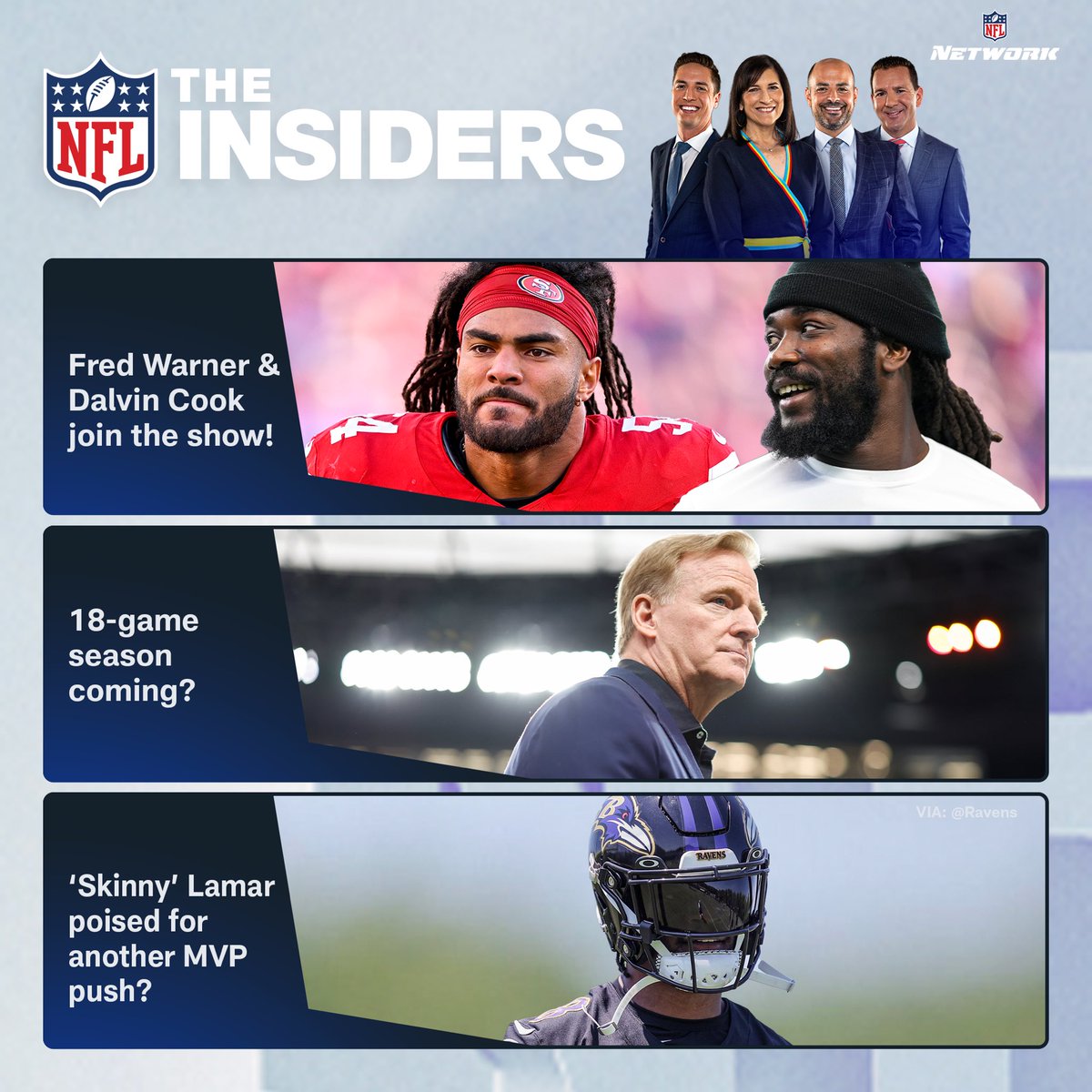 Special guests @fred_warner, @dalvincook, @mikekafka3 and Art Rooney II join The Insiders, kicking off LIVE NOW on @nflnetwork and NFL+ with me, @judybattista and @wyche89 in Nashville, plus @MikeGarafolo, @SherreeBurruss with the #Ravens, more. 📺📱💻 NFL.com/Plus