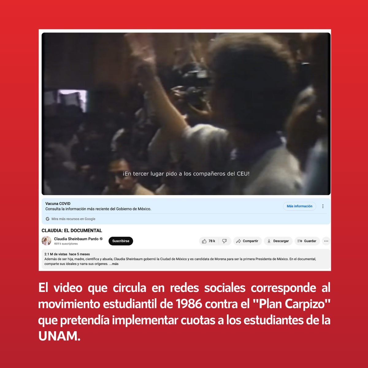 ❌Falso video de @Claudiashein en la huelga de la @UNAM_MX de 1999 ✅El video que circula en redes sociales corresponde al movimiento estudiantil de 1986 contra el 'Plan Carpizo' que pretendía implementar cuotas a los estudiantes de la #UNAM ▶️infodemia.mx/entrada/5589
