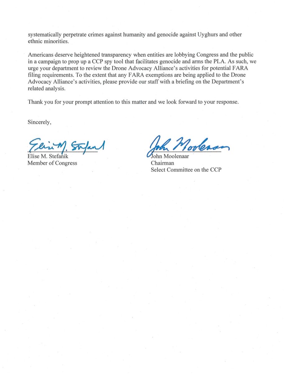 BREAKING: Chairman @RepMoolenaar & @RepStefanik request @TheJusticeDept open an investigation into @DAA_Drones, which is funded by Communist Chinese drone company @DJIGlobal, for potential violations of the Foreign Agents Registration Act (FARA). selectcommitteeontheccp.house.gov/media/press-re…
