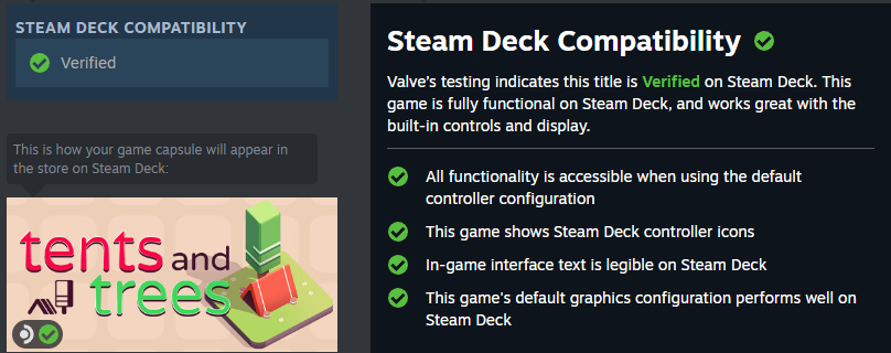 #TentsAndTrees just got verified on #SteamDeck! If you're looking for a chill puzzle game for your Steam Deck, try the free demo or wishlist it! #indiegame #puzzlegame