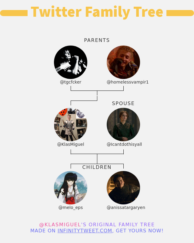 👨‍👩‍👧‍👦 My Twitter Family:
👫 Parents: @tgcfcker @homelessvampir1
👰 Spouse: @Icantdothisyall
👶 Children: @melo_eps @anissatargaryen

➡️ infinitytweet.me/family-tree