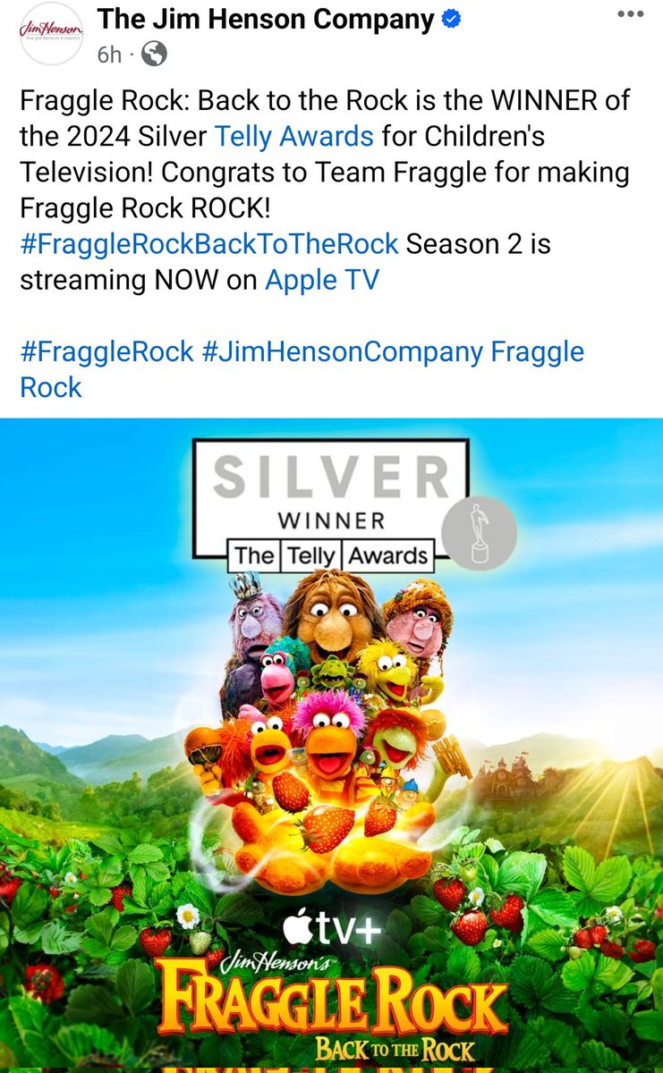 Winner Winner Radish Dinner!! @FraggleRock:Back to the Rock had won the 2024 Silver @tellyawards for Children's Television! Watch seasons 1 and 2 on @AppleTV from @hensoncompany