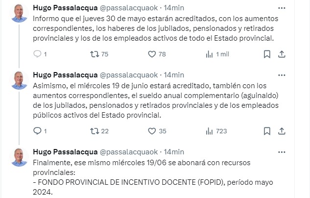 #Misiones el jueves 30 de mayo pagarán a estatales y jubilados  Y el miércoles 19 de junio, el SAC (#aguinaldo). También el miércoles 19 de junio se abonará el #FOPID <a href="/passalacquaok/">Hugo Passalacqua</a> <a href="/gobmisiones/">Gobierno de Misiones</a>