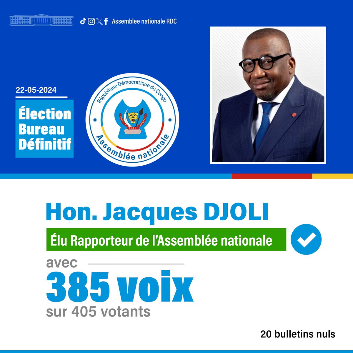 RDC_NewsFlash's tweet photo. #RDC|#Flash⚡|#ElectionBureauDefinitif| 22.05.2024
L’Honorable Jacques DJOLI, élu Rapporteur de l’Assemblée nationale avec 385 voix sur 405 votants.
@jacdjo1 @AssembleeNatRDC https://t.co/HfAi1iYaP4