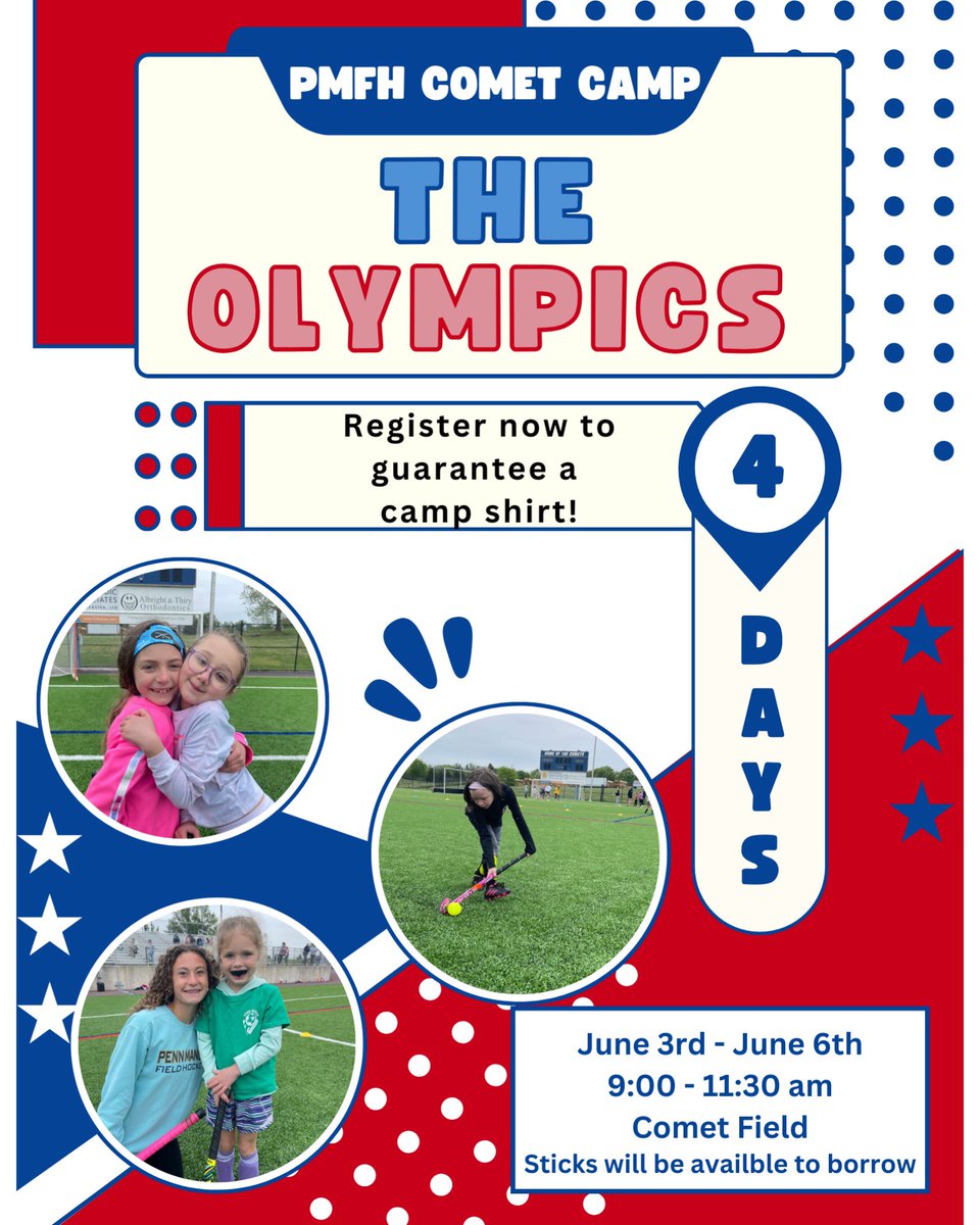 Kick off summer and this year’s Olympic celebrations by playing hockey with us at Comet Camp! 🏑🇺🇸 We have a fun week planned - register by May 25th to guarantee your camp shirt! 

forms.gle/LdJ8eEmchwQTgE…