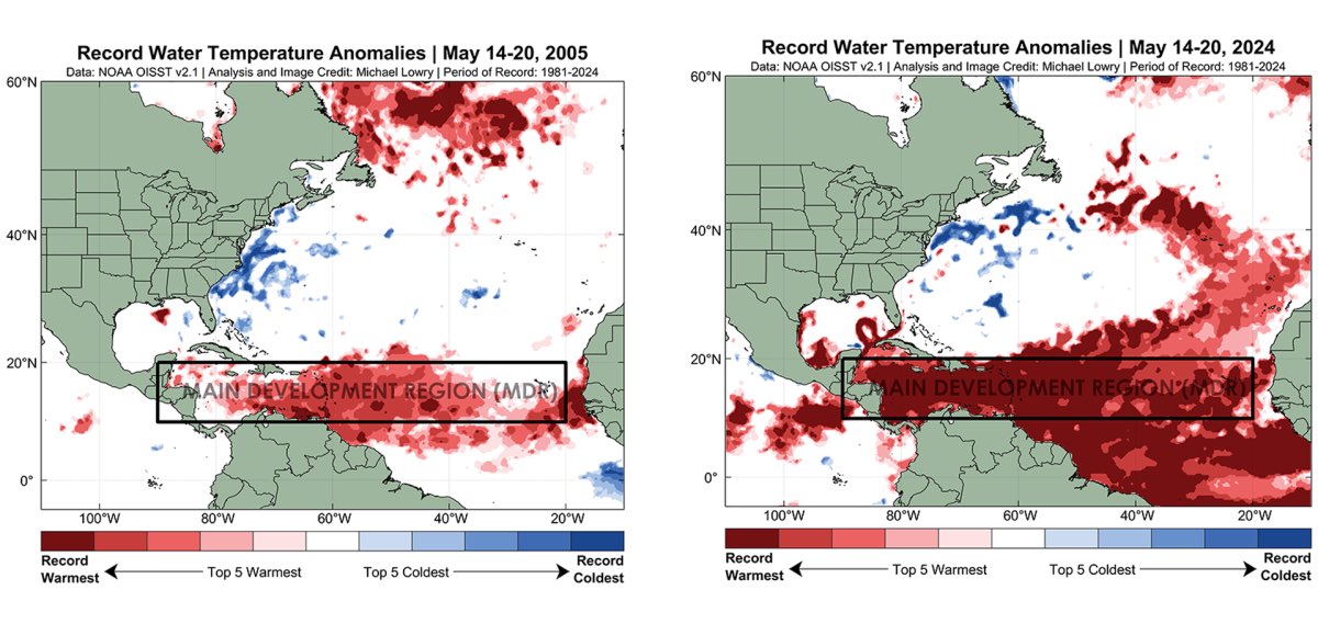 US_Stormwatch's tweet photo. @angloswissguy MUCH warmer this year compared to May 2005. 

90% of the main development region for hurricanes in the Atlantic is at record warm levels for May. https://t.co/zqla1e58AO