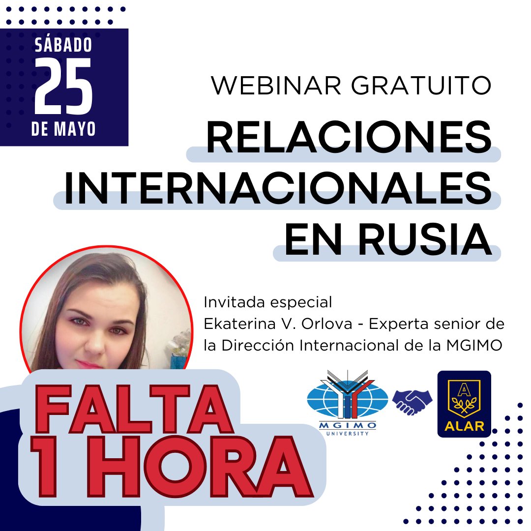 ALAR001's tweet image. 📢Iniciamos dentro de UNA HORA. Webinar gratuito para estudiar Relaciones Internacionales en Rusia con BECAS o precios PROMOCIONALES. 
👉Link: blog.universidades-rusia.com/webinar-regist…
#ALAR #Rusia #carreras #universidades #promociones #becas