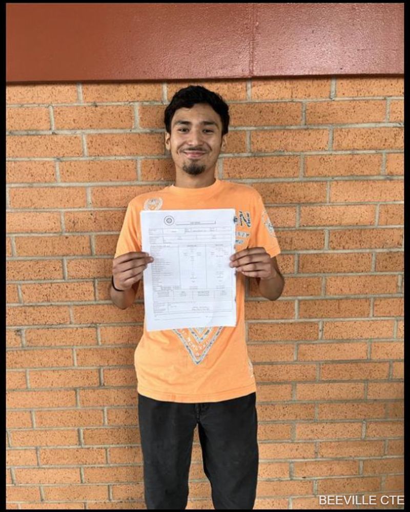 Beeville CTE Welding student Bryan passed the American Welding Society D1.1 industry weld test during the 2023-24 school year!  Congratulations on your success and this important step toward your future!