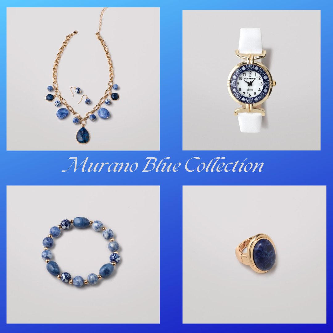 Dress up in true-blue style with a matching necklace & earring set that shows off a colorful variety of Murano-blue glass beads & reconstituted sodalite accent stones set in goldtone. Matching bracelet, ring and watch. #AvonFashion #TrueBlue @avoninsider avon.com/repstore/pamwa…