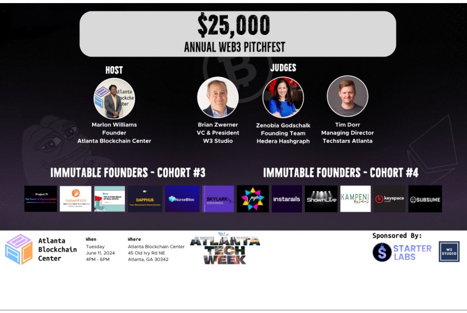 Looking forward to judging the Annual Web3 Pitchfest at the @AtlantaChain during Atlanta Tech Week next month. eventbrite.com/e/annual-web3-… with @w3studioatl @Techstars