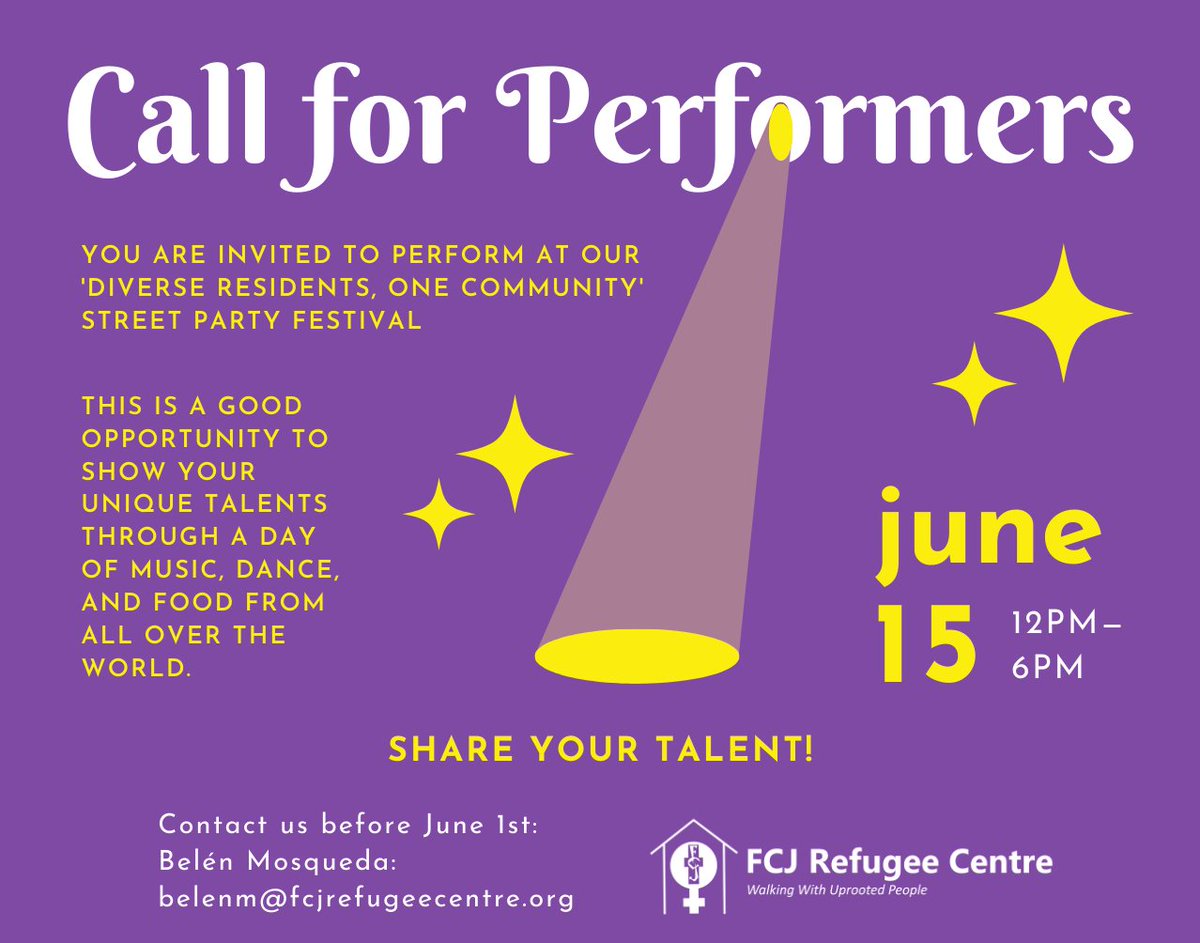 You are invited to perform at our 'Diverse Residents, One Community' Street Party festival on June 15th! This is a good opportunity to show your unique talents through a day of music, dance, and food from all over the world. Contact us before June 1st! 👇 fcjrefugeecentre.org/2024/05/divers…
