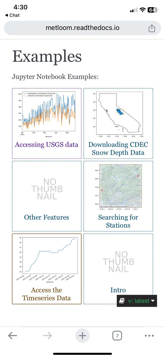 Metloom update - Jupyter notebook examples are rendered in the docs. Station data is getting easier!

metloom.readthedocs.io/en/latest/exam…