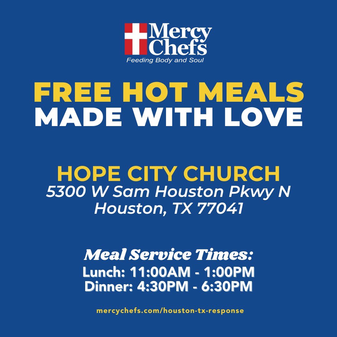RG3 Foundation (@rg3foundation) on Twitter photo Houston ‼️
<a href="/MercyChefs/">Mercy Chefs</a> will be giving out free hot meals through next Tuesday, May 28th, (except on Sunday) at Hope City Church in response to the storms that came through next week.
Learn more about meals and volunteer opportunities @ mercychefs.com/houston-tx-res… Houston ‼️
<a href="/MercyChefs/">Mercy Chefs</a> will be giving out free hot meals through next Tuesday, May 28th, (except on Sunday) at Hope City Church in response to the storms that came through next week.
Learn more about meals and volunteer opportunities @ mercychefs.com/houston-tx-res…