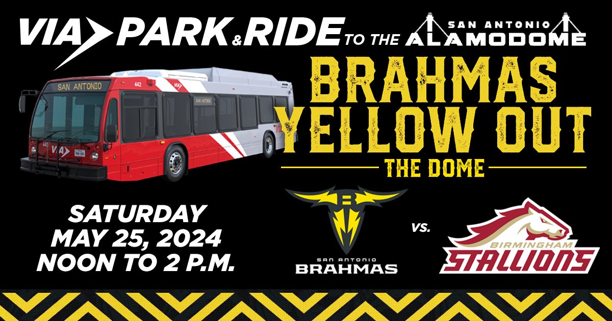 Plan your trip to cheer on the San Antonio Brahmas and Birmingham Stallions this Saturday, May 25, with VIA! 🏈 Service from Crossroads Park & Ride to the Alamodome begins at 12 p.m. and ends at 2 p.m. Fare is just $1.30 each way. 🚌 Details at VIAinfo.net.