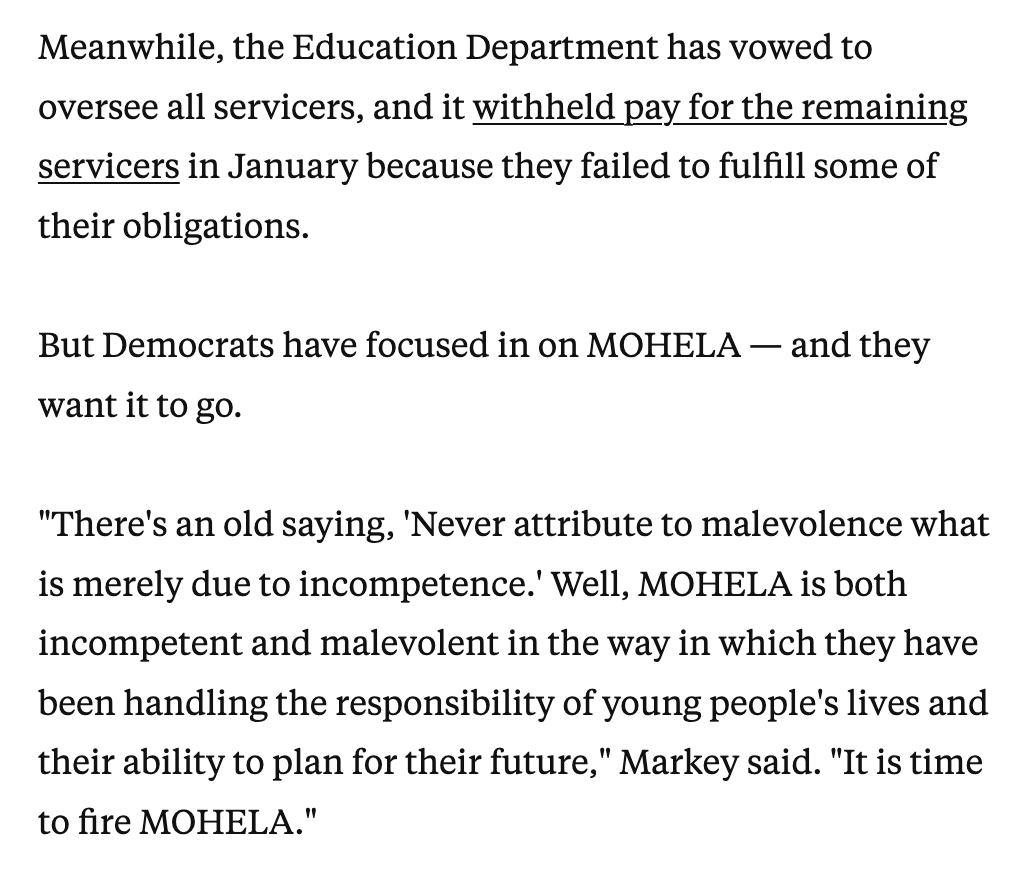 Absolute amazing quote here by @SenMarkey on the need to #FireMOHELA. >> businessinsider.com/fire-student-l…