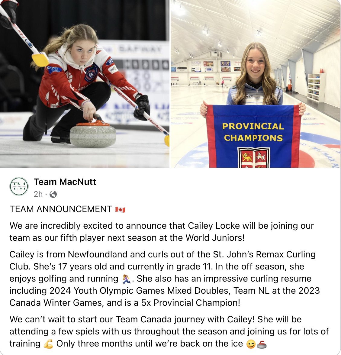 Big congratulations to our Skip, Cailey, who will be going to the World Juniors as a fifth with Team MacNutt!  Going to be another amazing season. Let’s Go Team Canada 🇨🇦👏🥌