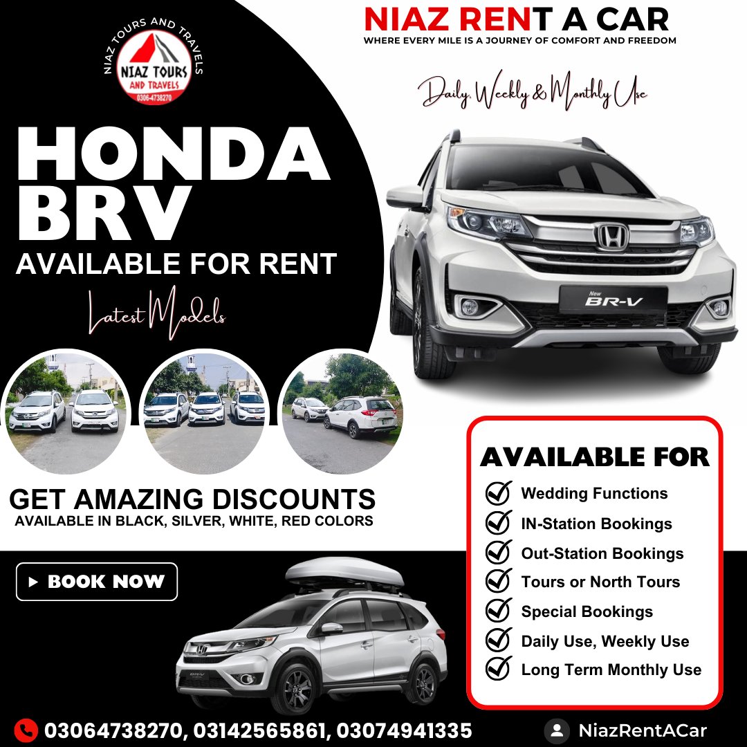 𝐂𝐫𝐮𝐢𝐬𝐞 𝐢𝐧 𝐂𝐨𝐦𝐟𝐨𝐫𝐭: 𝐑𝐞𝐧𝐭 𝐭𝐡𝐞 𝐇𝐨𝐧𝐝𝐚 𝐁𝐑-𝐕 𝐰𝐢𝐭𝐡 𝐍𝐢𝐚𝐳 𝐑𝐞𝐧𝐭 𝐚 𝐂𝐚𝐫! 🚗✨
Unleash unparalleled comfort with our 𝐇𝐨𝐧𝐝𝐚 𝐁𝐑-𝐕 rentals at Niaz Rent a Car! #niaztoursandtravels #Niazrentacar #niaztours