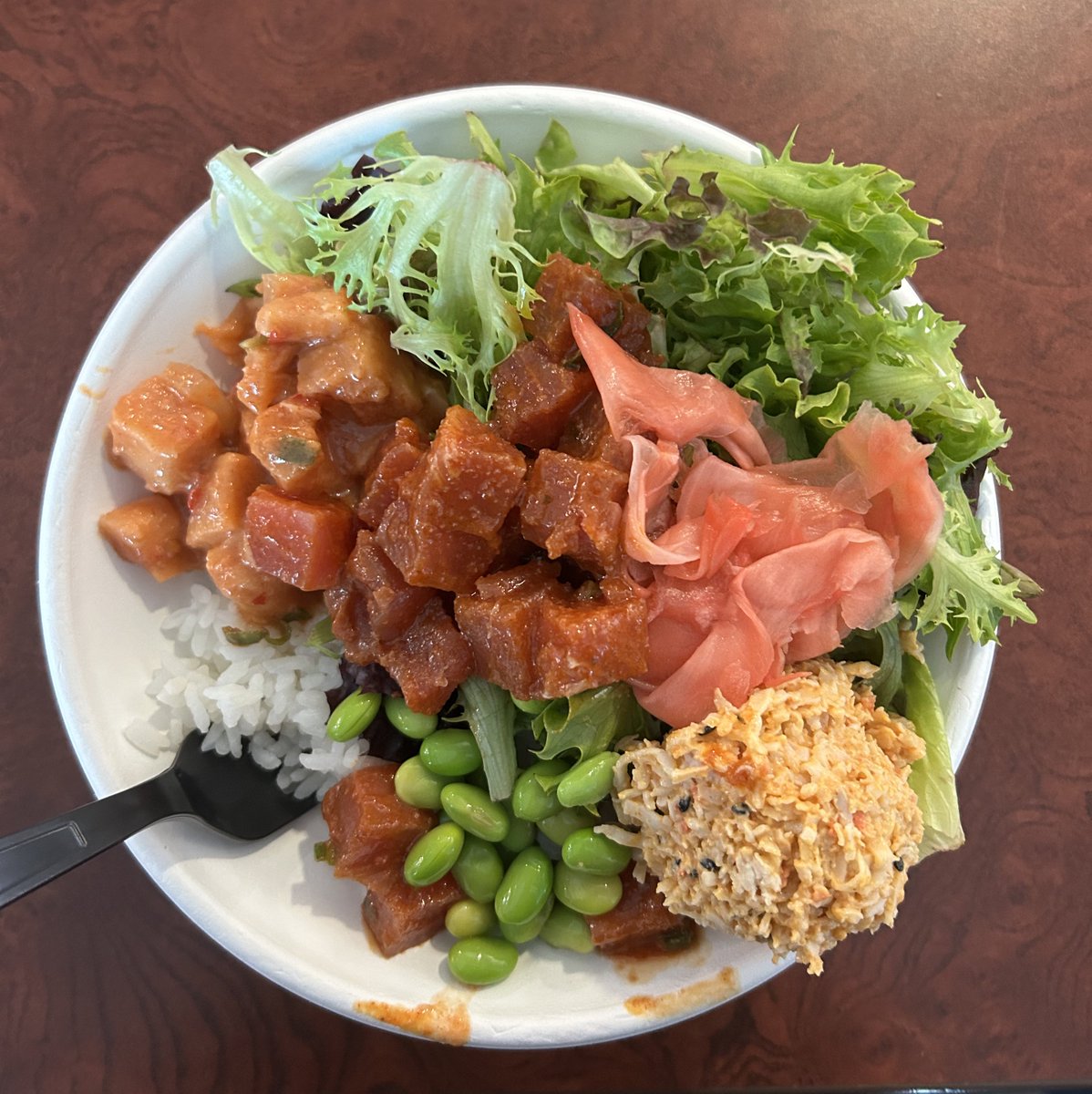 poke bowl... half rice half salad, spicy salmon, spicy tuna, spicy crab, edamame, and pickled ginger