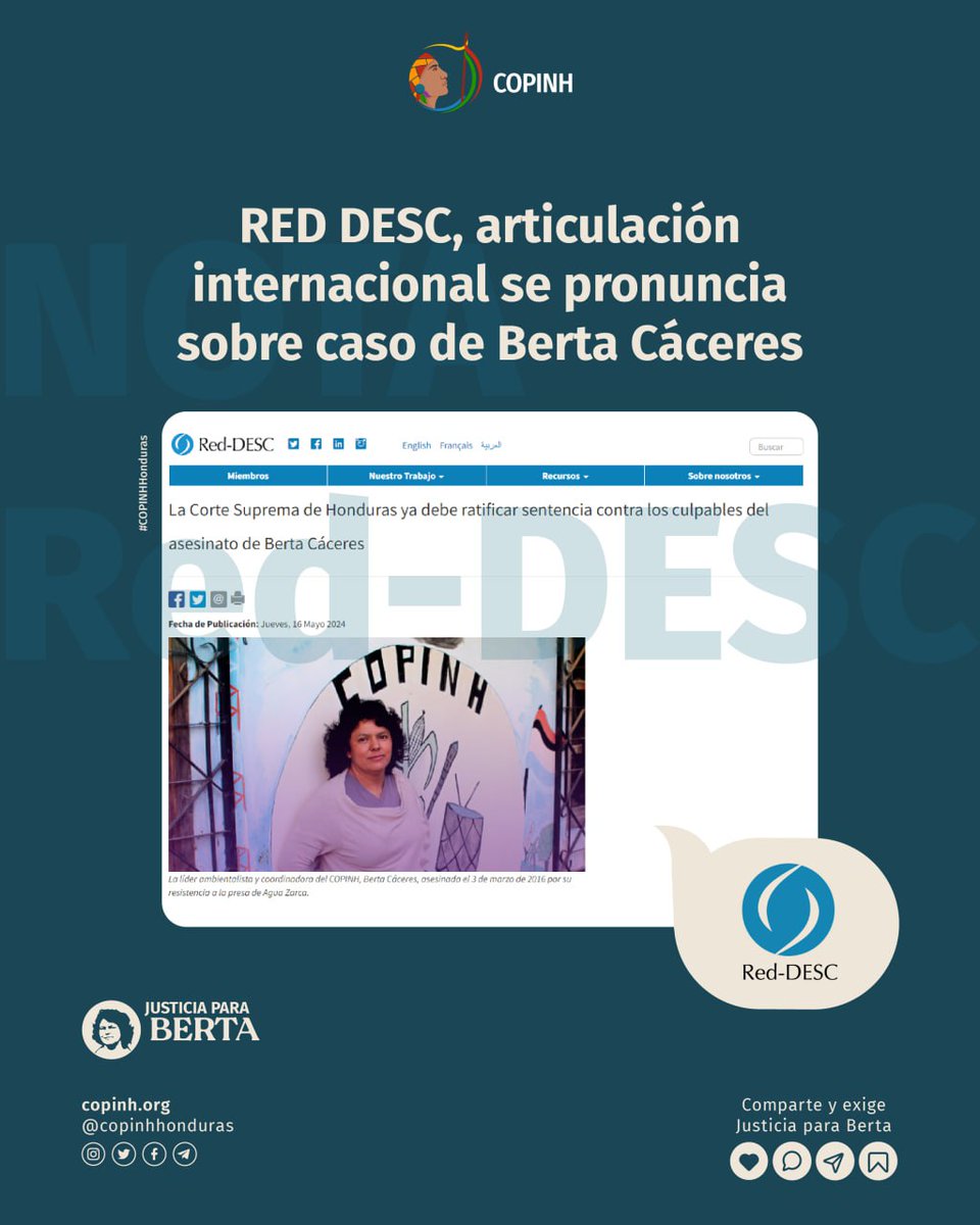 🔺Movimientos sociales, pueblos indígenas y organizaciones de derechos humanos de 76 países, miembras de la Red-DESC - @ESCRNet exigen justicia para Berta Cáceres. 🔗Más información: bit.ly/4aw99aM