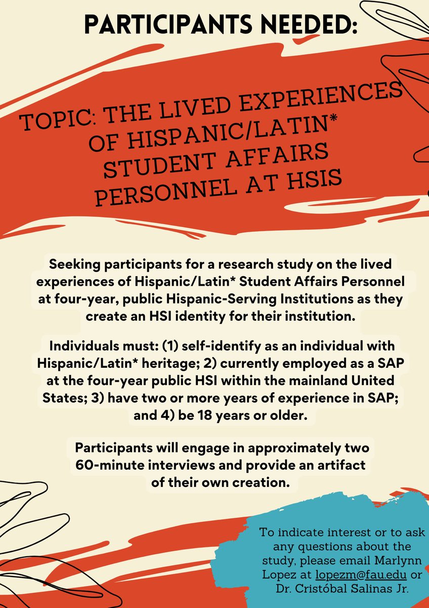 It’s research time! 🥳

I am seeking participants for my dissertation study on Hispanic/Latin* Student Affairs Personnel at HSIs. See flier for more info and feel free to share with your networks! 
Email: lopezm@fau.edu