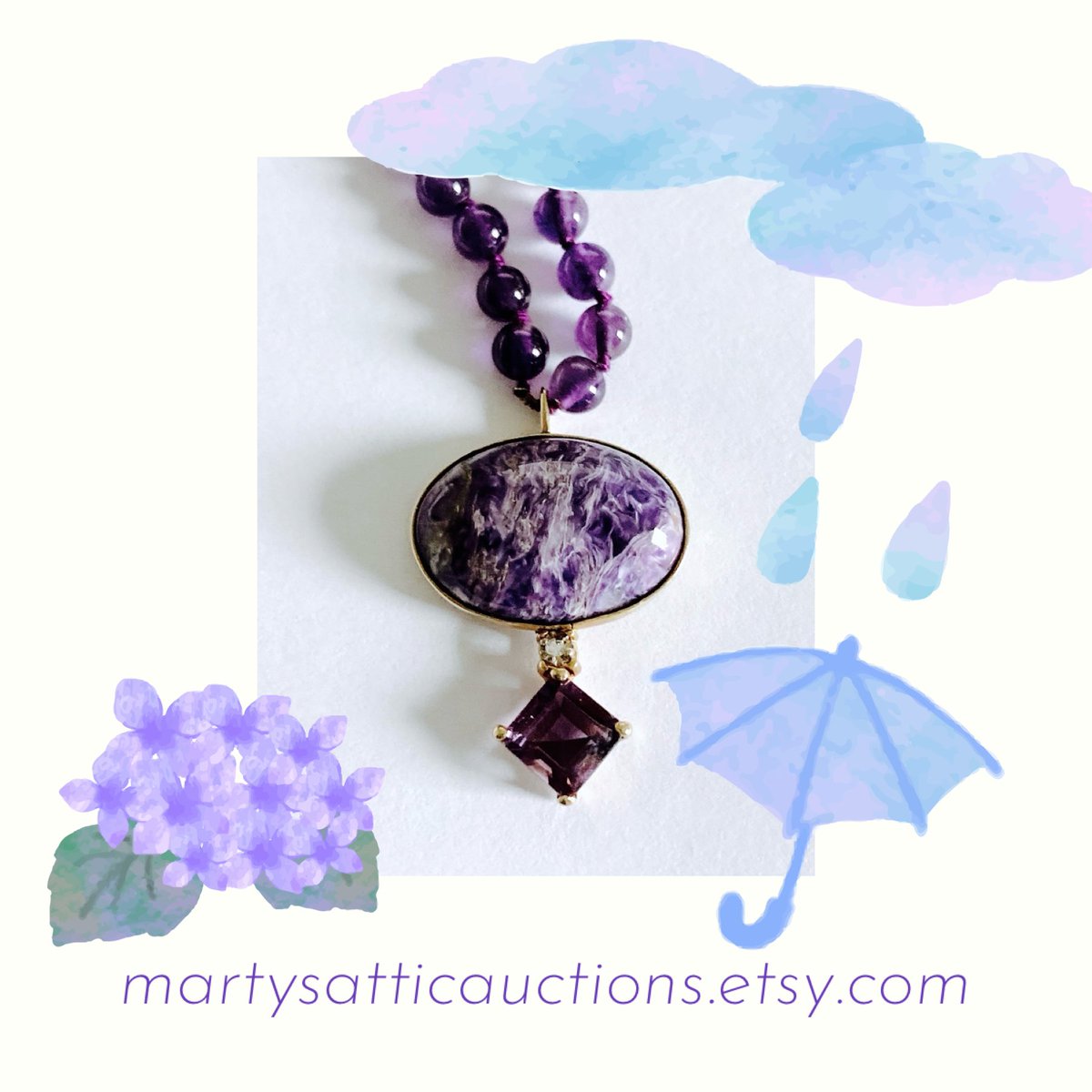 Custom Artisan Amethyst Hand Knotted Beads with Bezel Set Oval Charoit, Small Round Diamond and Square Amethyst Pendant in 14kt Yellow Gold martysatticauctions.etsy.com